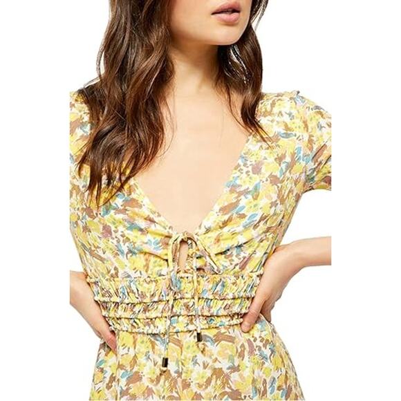 Free People Forget Me Not Mini Dress 8 Floral Ruched Short Sleeve Ivory Combo - Picture 4 of 15